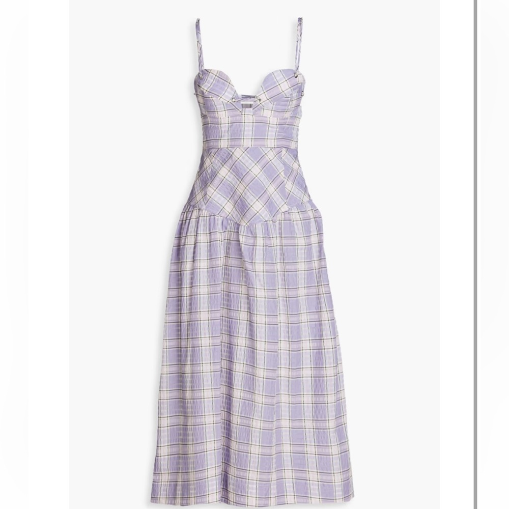 GANNI
New with tags. Gathered checked cotton-blend seersucker midi dress.